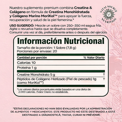Stick de Creatina y Colágeno-5g de Monohidrato de Creatina Creapure + 1g de Colágeno MoriKol - Apoya la Fuerza, la Recuperación y la Salud de la Piel (30 sobres)